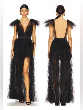 For Love & Lemons Black Backless High-Low Tulle Evening Gown NWT